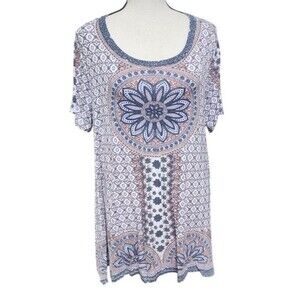 Fever Boho Mandala Tunic Top Size 1X Rayon Flowy Short Sleeve